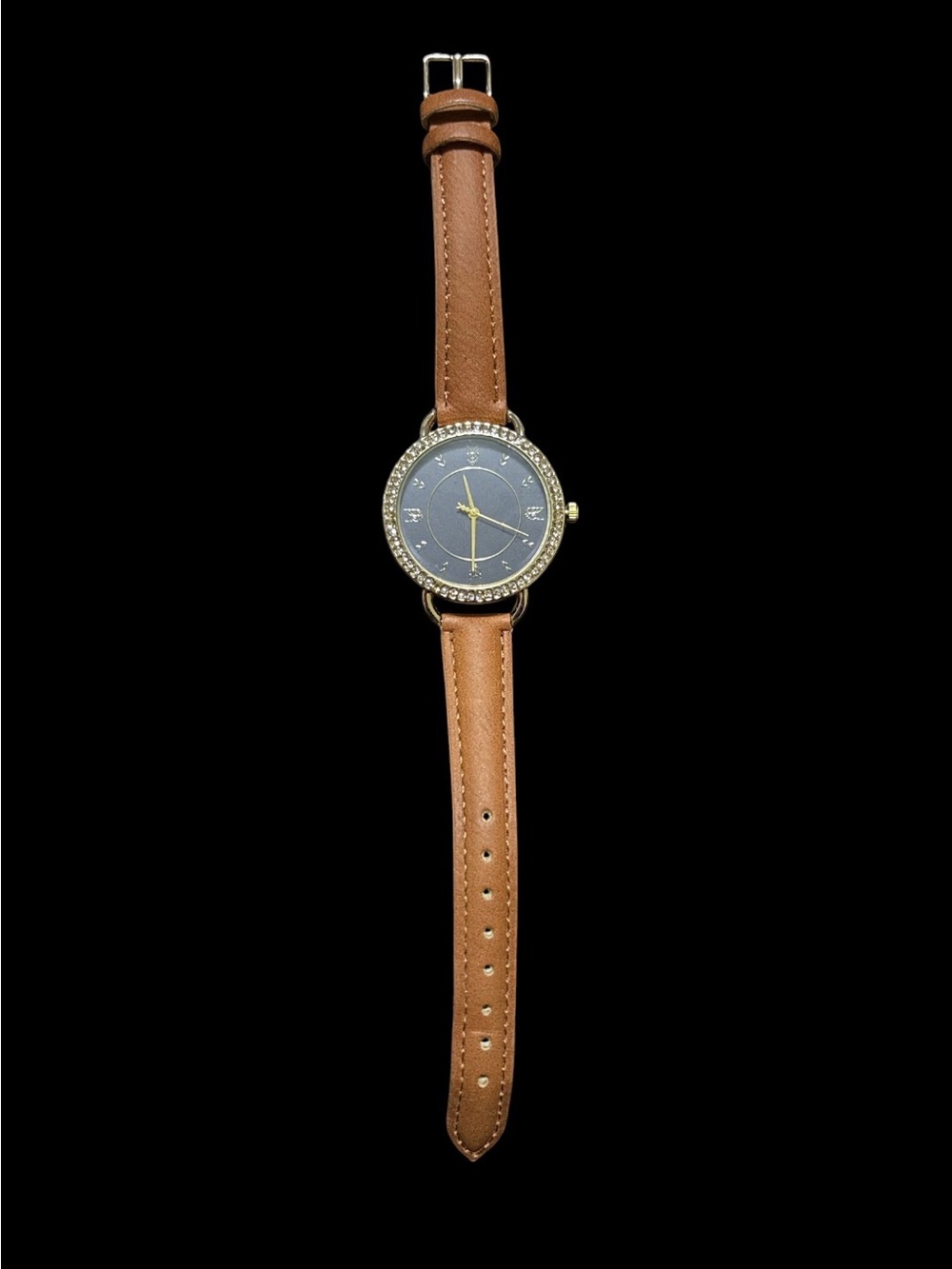 Classic Brown Faux Leather Strap Watch with Crystal Bezel